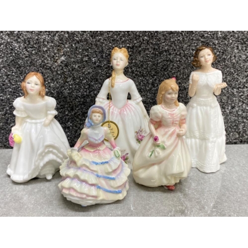 438 - 5x Royal Doulton lady figures includes Lynsey, Hannah, flower girl, Welcome, Peggy Davies