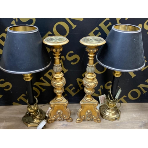 455 - Pair of large gilt resin candlesticks & pair of Table lamps with shades