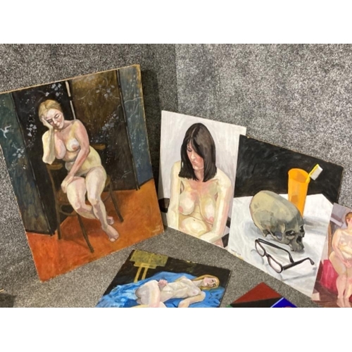 456 - Eight oil paintings of female nudes, still life and abstract scene signed Yorke