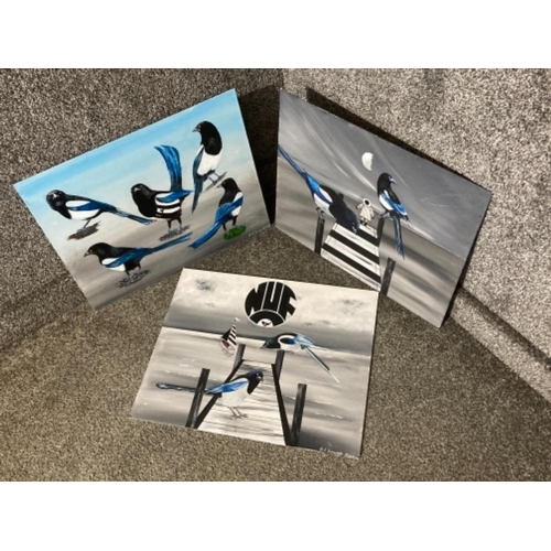 457 - Three oil paintings by Brian P Simister depicting Newcastle United magpie mascots unframed, signed a... 