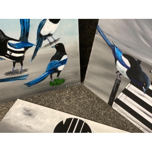 457 - Three oil paintings by Brian P Simister depicting Newcastle United magpie mascots unframed, signed a... 