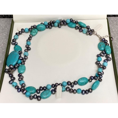 459 - Turquoise & grey fresh water Pearl necklace with silver fittings