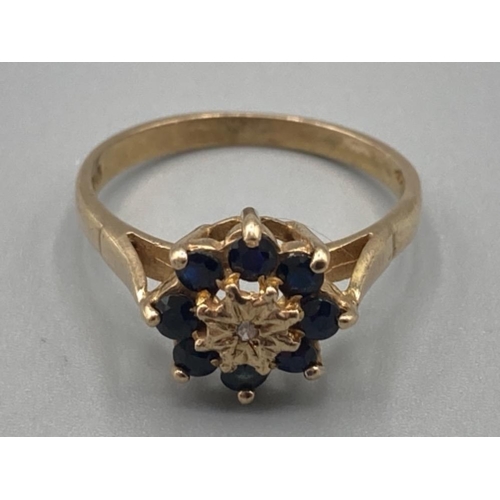 499 - Vintage ladies 9ct gold sapphire and diamond cluster ring size P 2.8g gross