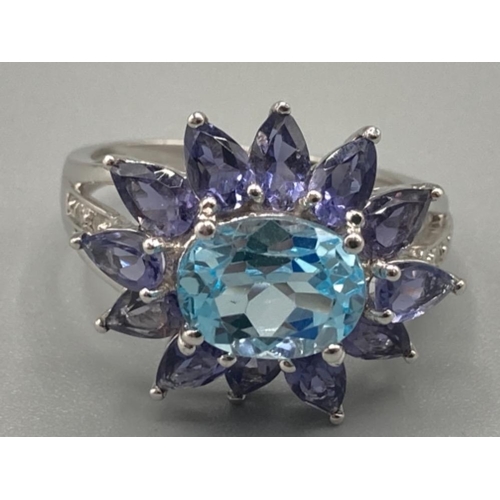 502 - Ladies 9ct white gold blue and purple stone large fancy cluster ring size M 4g gross