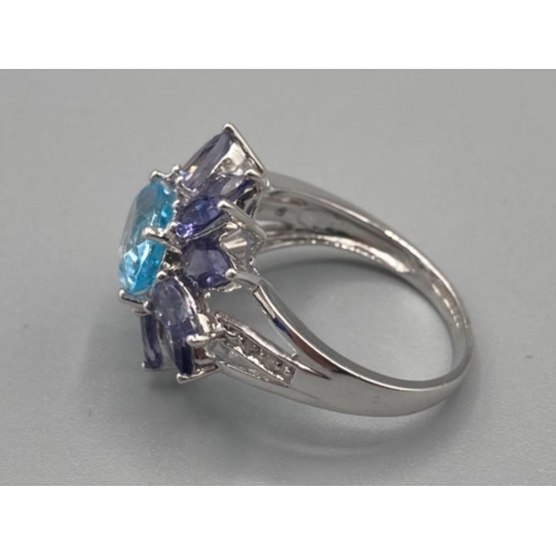 502 - Ladies 9ct white gold blue and purple stone large fancy cluster ring size M 4g gross