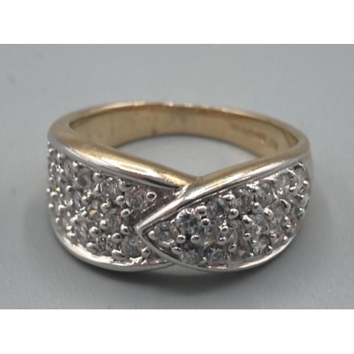 505 - 9ct gold pave set white stone thick band ring size N 4.7g gross