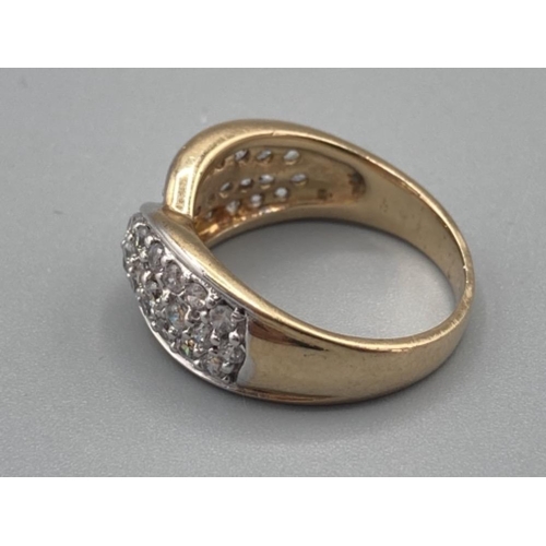 505 - 9ct gold pave set white stone thick band ring size N 4.7g gross