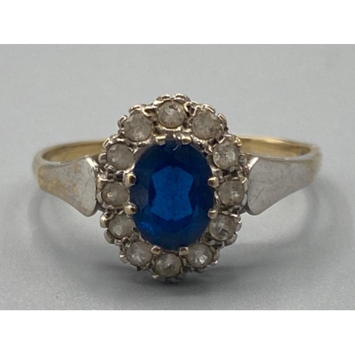 511 - Vintage 9ct gold blue and white stone cluster ring - size T, 2.3G gross