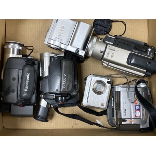 514 - Box containing camcorders & Fujifilm digital camera, also includes a bag containing a large quantity... 