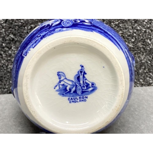 520 - Cauldon Arcadian chariots design blue & white twin handled Portland vase - 1905-1920