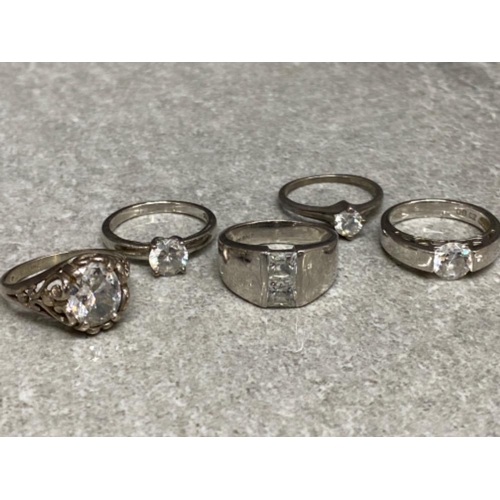 546 - 5x silver 925 CZ rings - 4x solitaire & 1x duo CZ ring, 16g gross