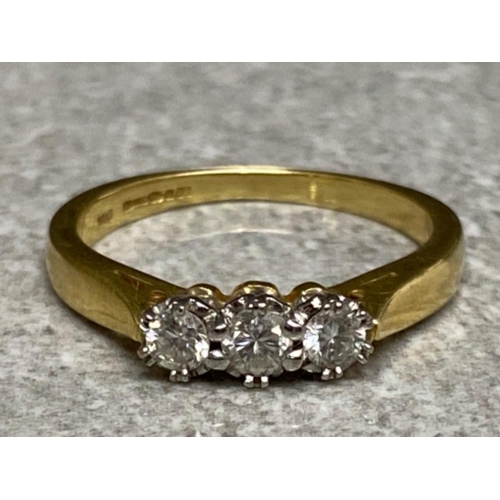 549 - 18ct yellow gold & 3 stone diamond ring, size J1/2, 2.7g gross