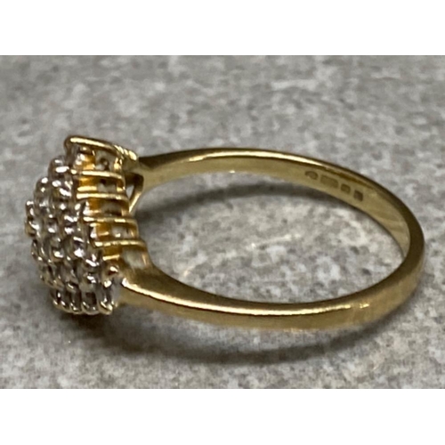 556 - 9ct yellow gold diamond cluster ring, size L, 2.1g gross