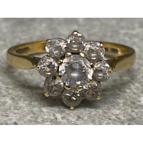 558 - 9ct yellow gold & 9 CZs stone flower design cluster ring, size M, 2.2g gross