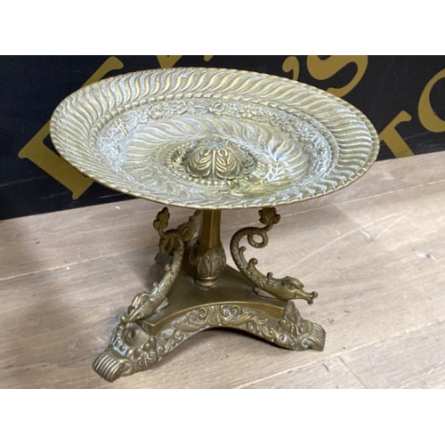 582 - Vintage Italian Rococo style brass bowl on pedestal base with Koi base design, height 17cm