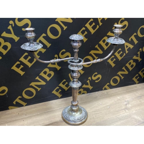 583 - Large & heavy silver plated 3 way candelabra H54xW51cm