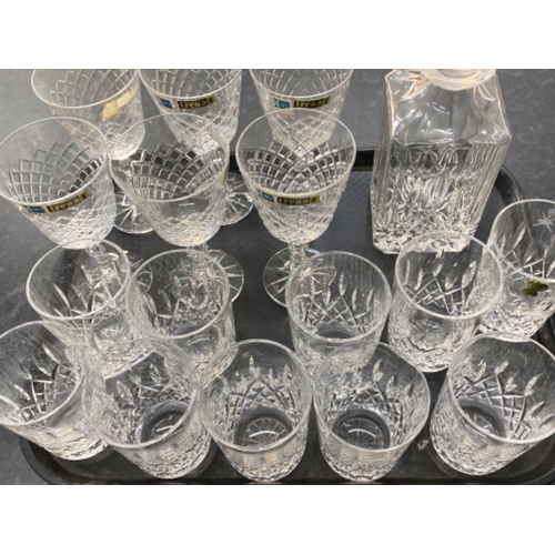 587 - Tray of Irena drinking glasses & decanter with stopper also includes 10 Waterford Crystal drinking g... 