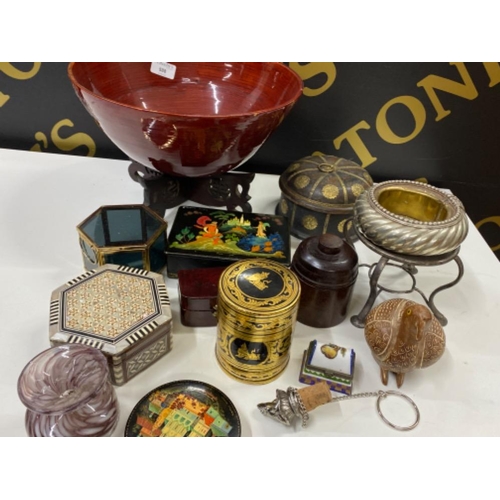 588 - Mixed lot comprising of large oriental bowl on stand, trinket boxes, tobacco jar etc