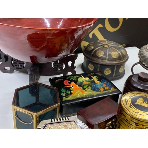 588 - Mixed lot comprising of large oriental bowl on stand, trinket boxes, tobacco jar etc