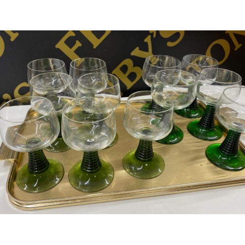 589 - Tray containing 12 green glass based drinking glasses (beehive based design)