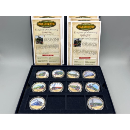 59 - The celebration of steam locomotives coin collection. 24ct gold plated includes Mallard, Golden arro... 