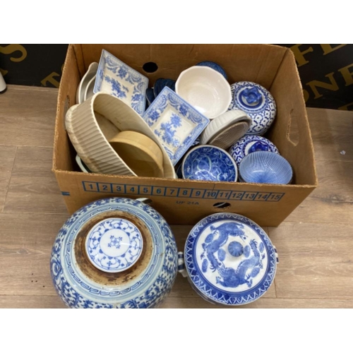 590 - Blue & white oriental bowls, plates & lidded pots etc