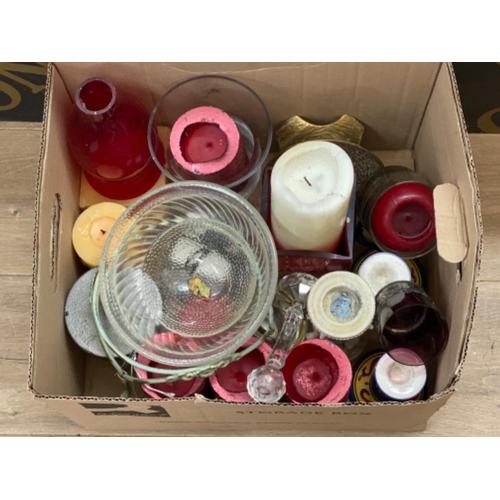 591 - Box of miscellaneous candle sticks, glass bowls & wax candles