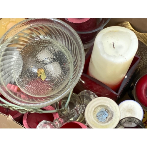 591 - Box of miscellaneous candle sticks, glass bowls & wax candles