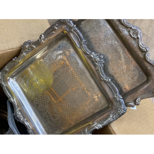 593 - Large box containing silver plated trays, lids etc