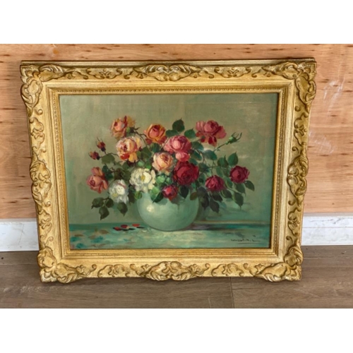 597 - Gilt framed oil on canvas painting - still life, signed indistinct bottom right, 48.5x39.5cm