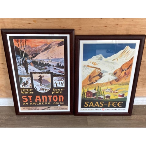 598 - 2x framed skiing advertising posters St.Anton “winter sport 72x45.5cm & Saas-fee “Switzerland” 67x44... 