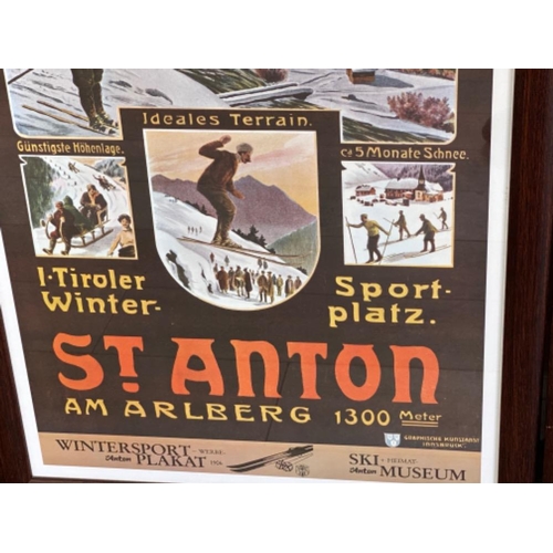 598 - 2x framed skiing advertising posters St.Anton “winter sport 72x45.5cm & Saas-fee “Switzerland” 67x44... 