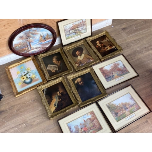 601 - Box containing 11 miscellaneous framed prints (some matching frames, includes 2x oil on board painti... 