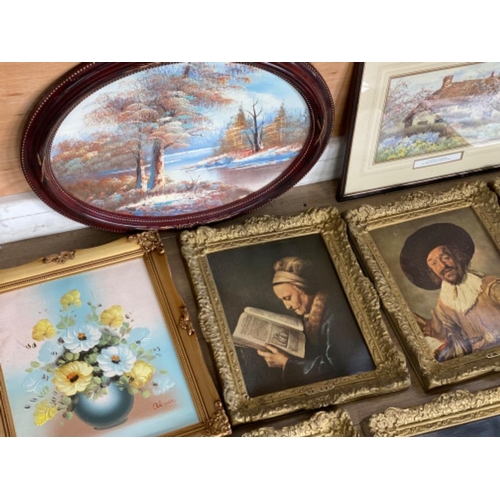 601 - Box containing 11 miscellaneous framed prints (some matching frames, includes 2x oil on board painti... 