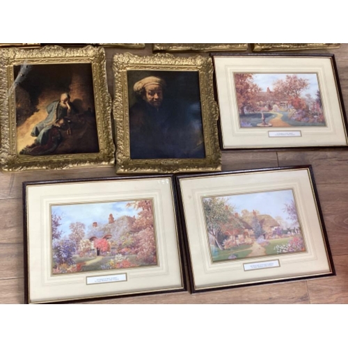 601 - Box containing 11 miscellaneous framed prints (some matching frames, includes 2x oil on board painti... 