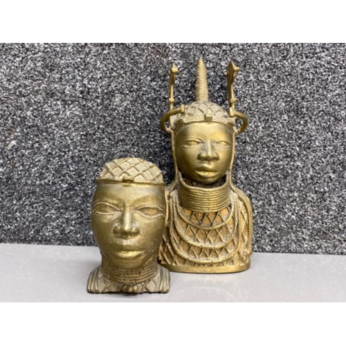 613 - 2x African Benin Nigeria King Oba cast bronze busts