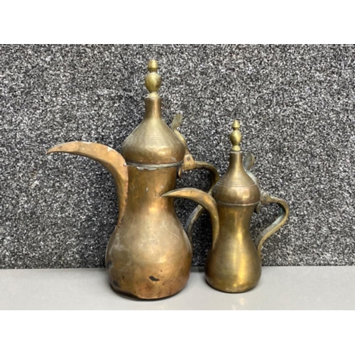 614 - 2x Vintage copper & brass Middle Eastern Dallah pitcher/coffee pots - Heights 30.5 & 23cm