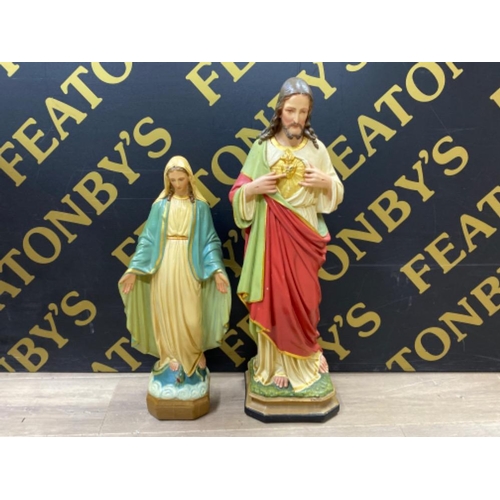 617 - 2x antique large religious chalk figures - Jesus Christ (sacred heart) & the Virgin Mary