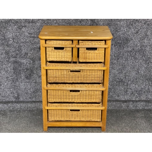 647 - Pine effect farmhouse style 5x wicker drawer chest, 63x45cm, Height 94cm