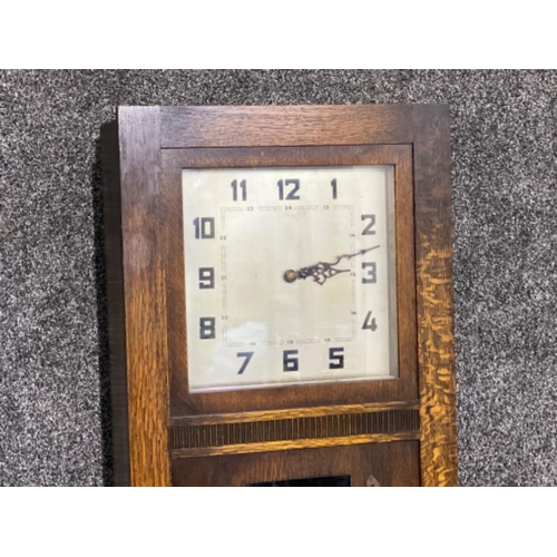 648 - Oak framed Art Deco long cased grandfather clock, with pendulum & brass weights