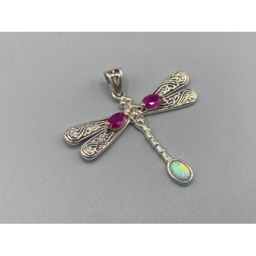 69 - A silver and opal dragon fly pendant necklace, 5.6g