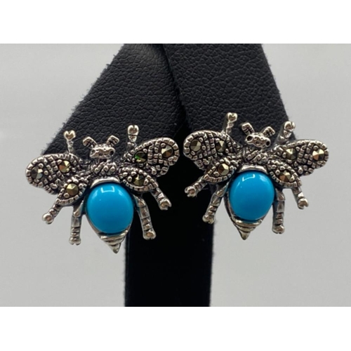 77 - A pair of silver and turquoise bug earrings, 5.3g