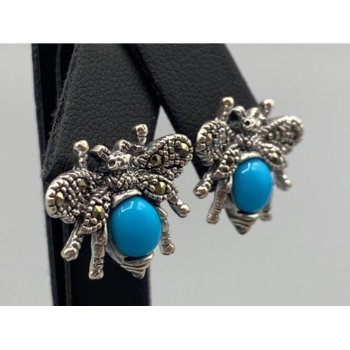 77 - A pair of silver and turquoise bug earrings, 5.3g