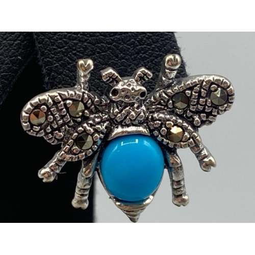 77 - A pair of silver and turquoise bug earrings, 5.3g