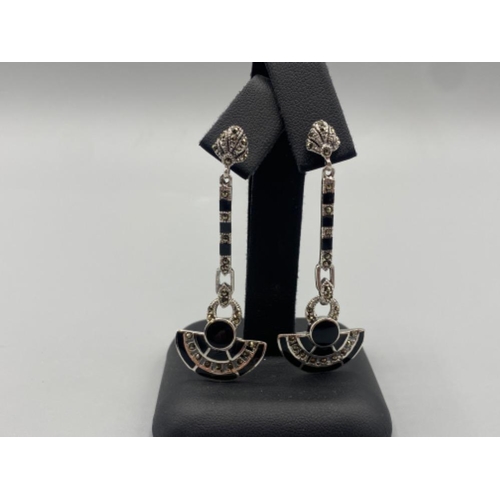 78 - A pair of silver marcasite and enamel art deco style drop earrings, 10.6g