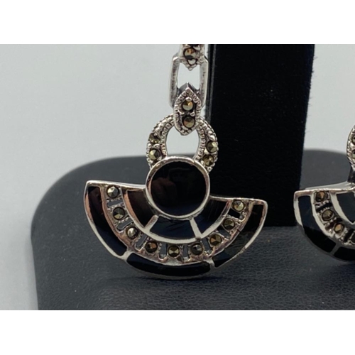 78 - A pair of silver marcasite and enamel art deco style drop earrings, 10.6g