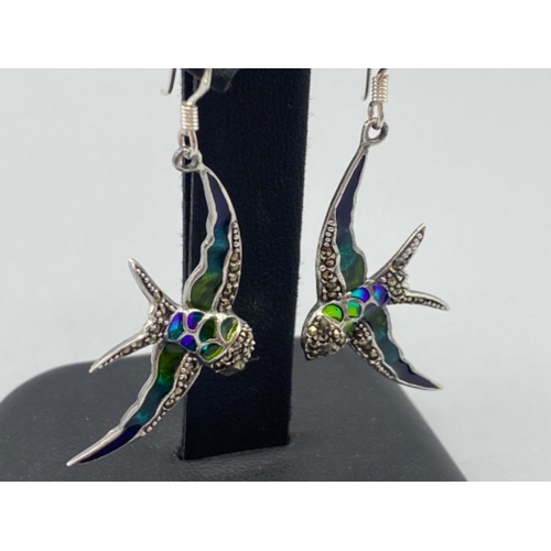 79 - A pair of silver and plique a jour swallow bird earrings, 4.0g