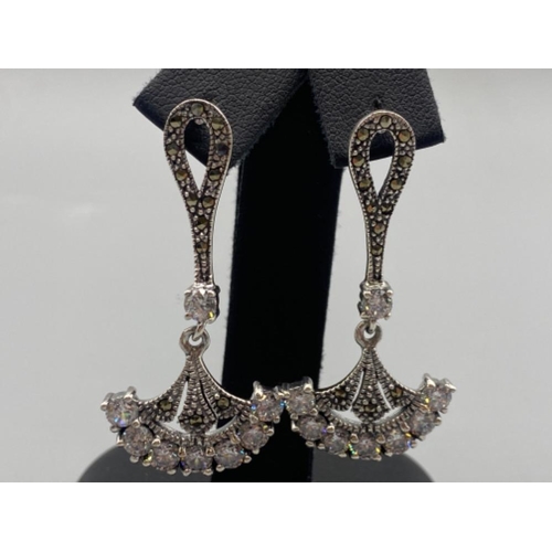 81 - A pair of silver CZ art deco fan style drop earrings, 8.6g