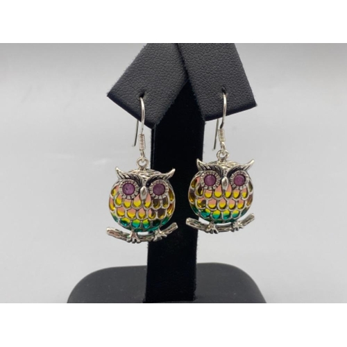 83 - A pair of silver owl shaped plique a jour earrings, 6.6g