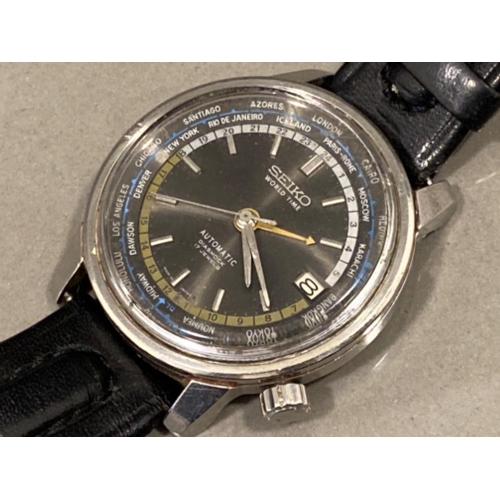 10 - Rare collectable vintage Seiko automatic world time calendar wristwatch watch with black leather str... 